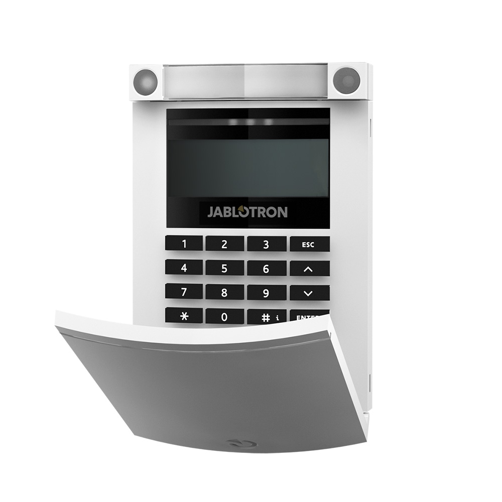 Weiße Alarmanlagen-Bedienungseinheit von Jablotron mit Tastenfeld und Display, Sensoren oben und aufklappbarer Abdeckung unten.