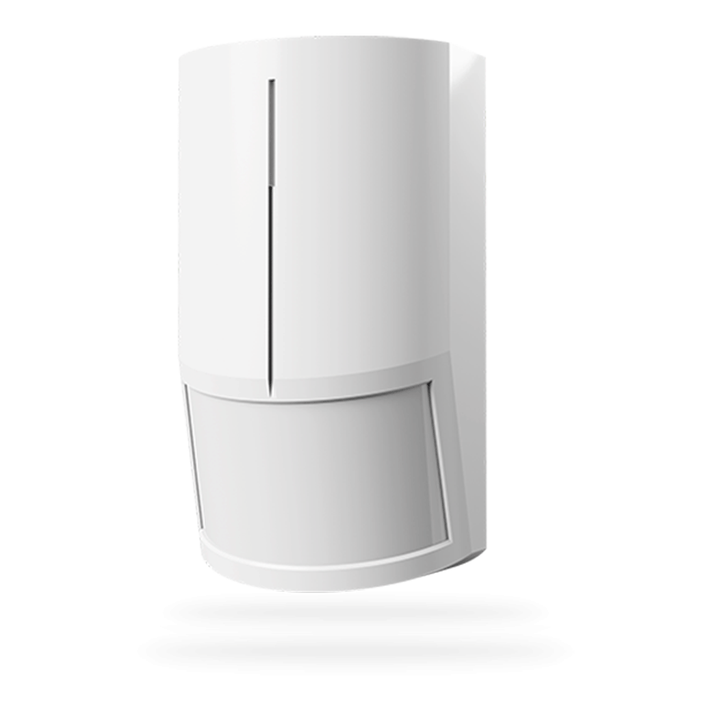 Ein weißer, wandmontierbarer Bewegungssensor mit glatter, abgerundeter Form und einem rechteckigen Sensorbereich im unteren Teil.