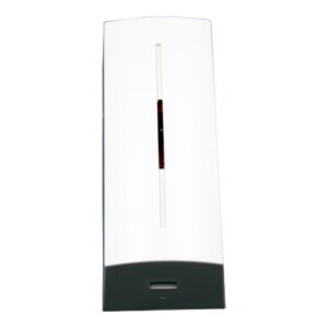 Ein weißes, rechteckiges Gerät mit einem schmalen roten Lichtstreifen in der Mitte und einer grauen Basis, möglicherweise ein Sensor.