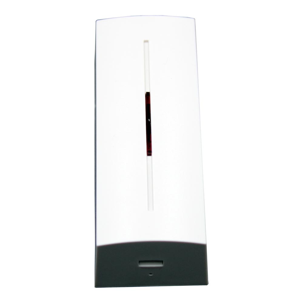 Ein weißes, rechteckiges Gerät mit einem schmalen roten Lichtstreifen in der Mitte und einer grauen Basis, möglicherweise ein Sensor.