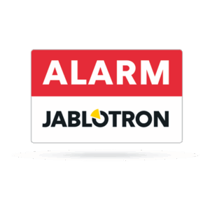 Ein Schild mit der Aufschrift "ALARM" in weiß auf rotem Hintergrund und darunter das Logo "JABLOTRON" in schwarz auf weißem Hintergrund mit einem gelben Halbkreis als Design-Element.