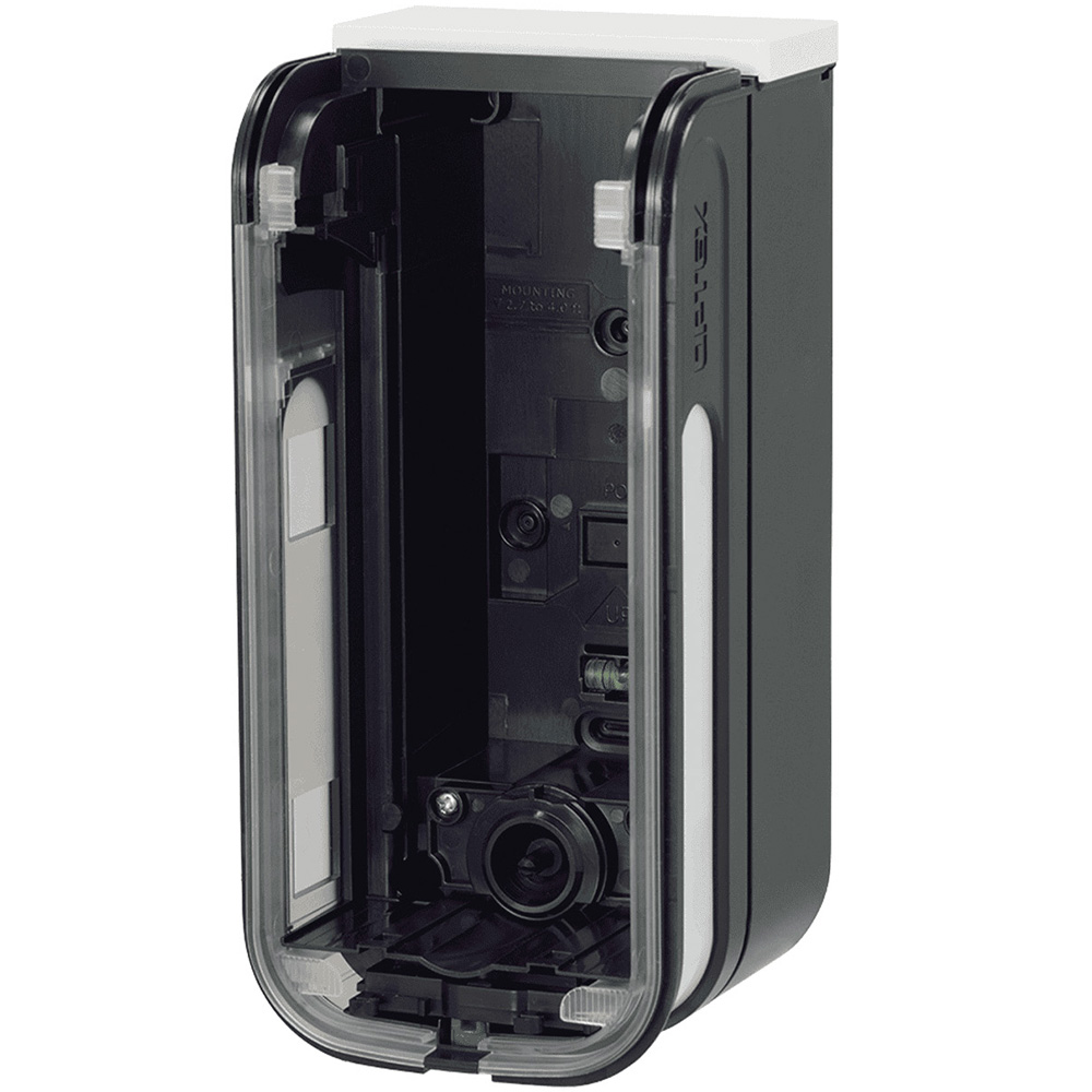 Ein geöffnetes schwarzes Kunststoffgehäuse mit transparentem Deckel, das möglicherweise für elektronische Geräte vorgesehen ist, zeigt Bohrlöcher und Montageschienen im Inneren.