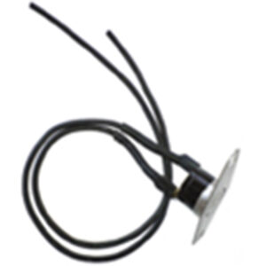 Nahaufnahme eines elektrischen Sensors oder Schalters mit schwarzen Kabeln, die an einer runden Metallbasis befestigt sind.