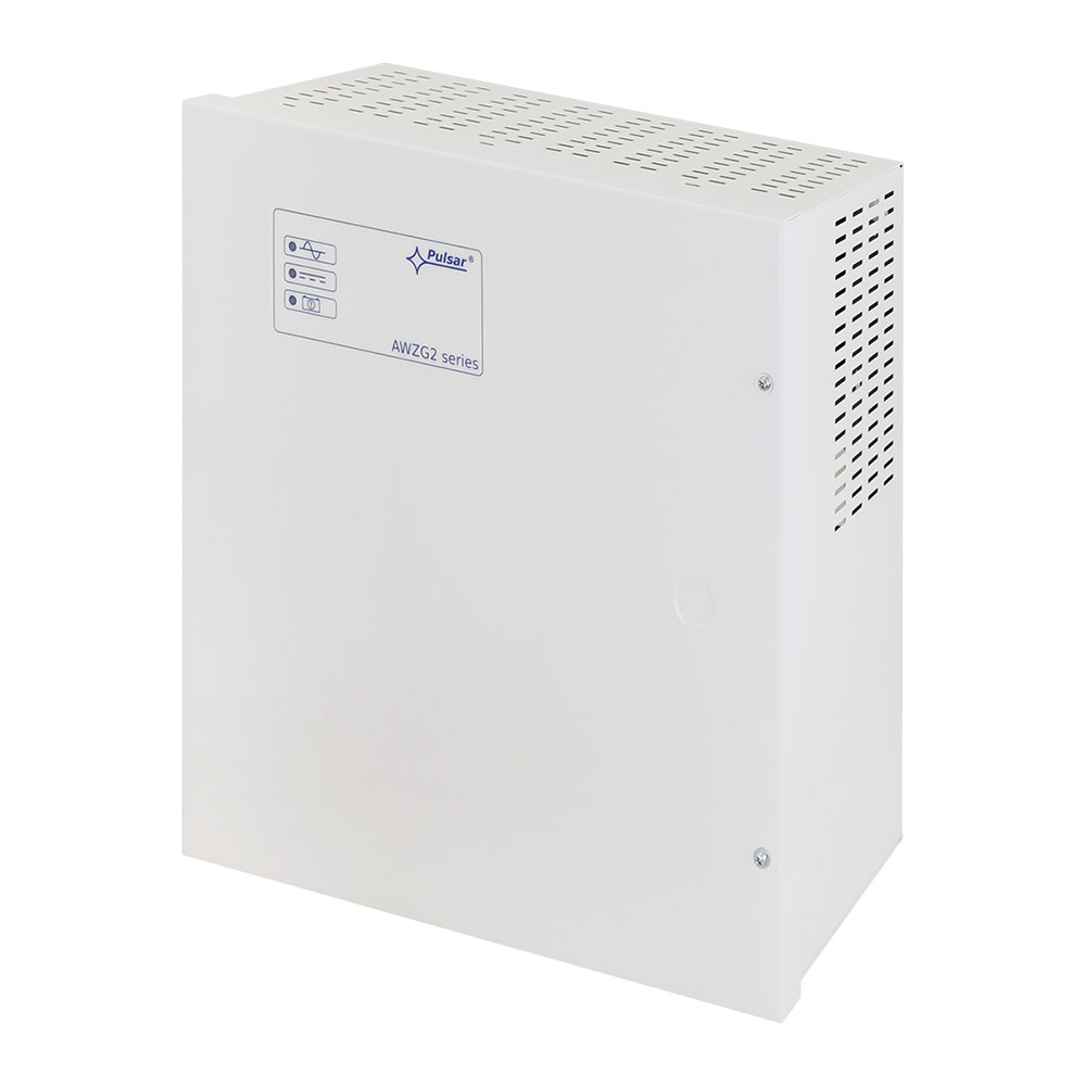 Ein weies Metallgeh04use der Pulsar AWZG2 Serie mit L0fcftungsschlitzen an der Seite.