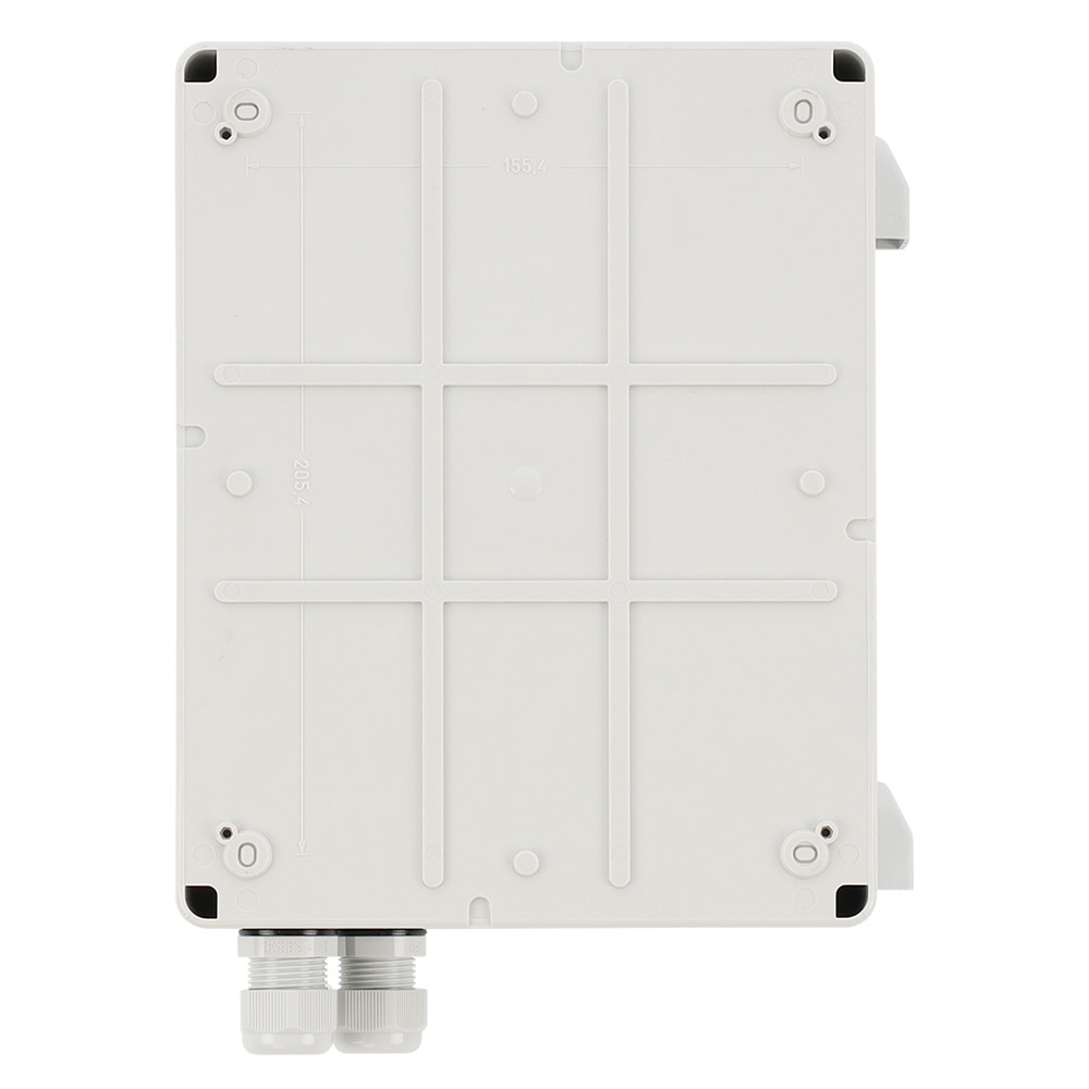 Ein graues Kunststoff-Schaltkasten-Gehäuse mit zwei Kabelverschraubungen an der Unterseite.