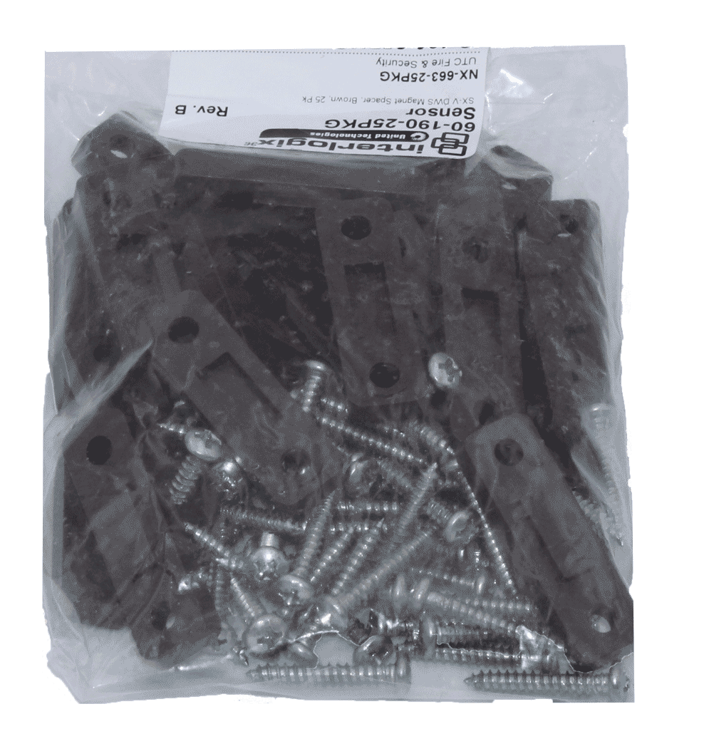 Eine Plastiktüte mit Metallbefestigungen und Schrauben, mit einem Etikett der Marke Interlock auf der Vorderseite.