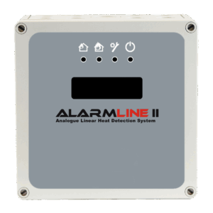 Ein graues Alarmgerät mit der Aufschrift "ALARMLINE II Analogue Linear Heat Detection System" auf der Vorderseite, mit Symbolen für Alarmfunktionen oben.