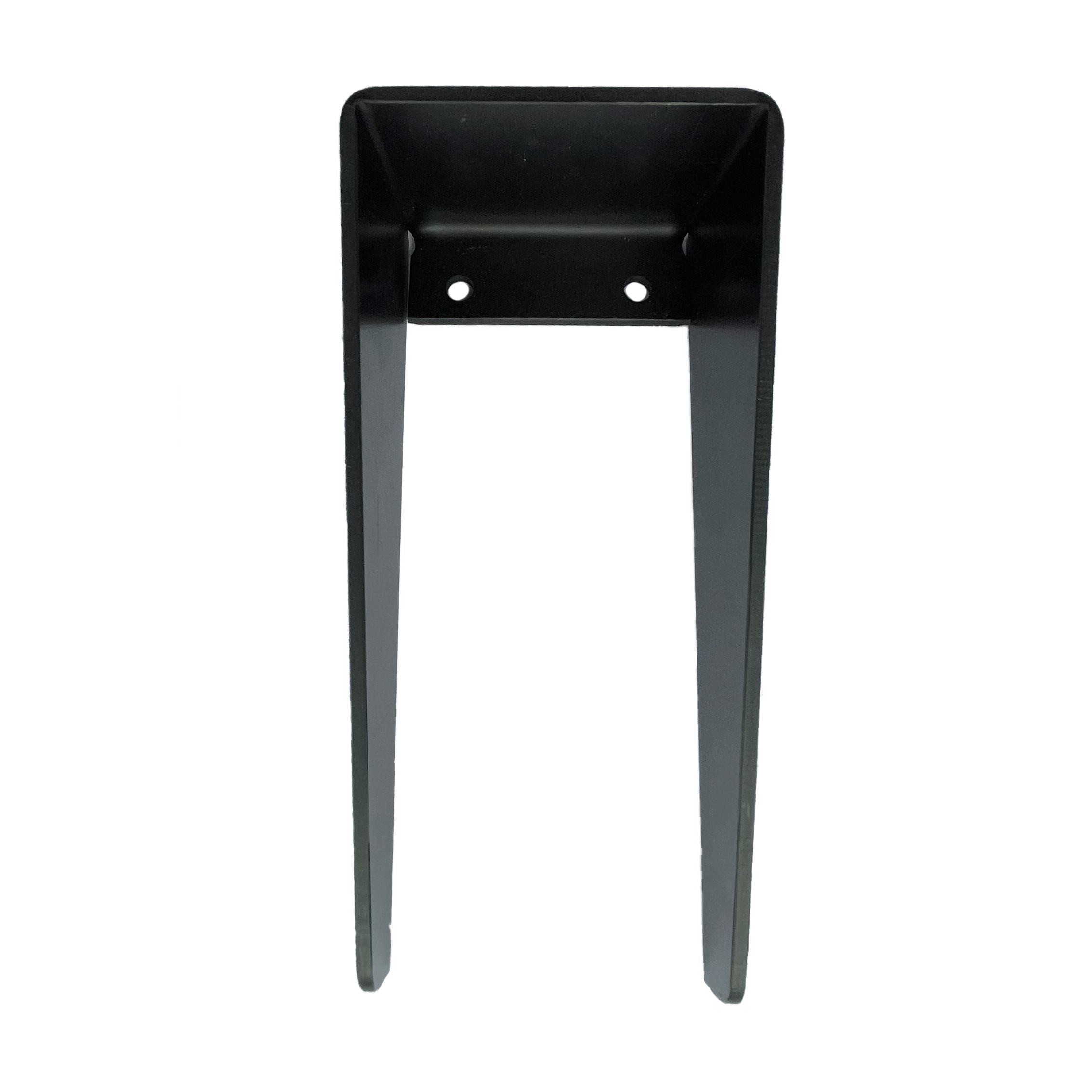 Ein schwarzes Metallwinkelbein, das typischerweise für Möbel wie Tische oder Bänke verwendet wird, mit zwei Löchern zur Befestigung an der Oberseite.