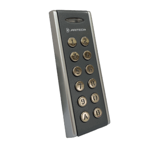 Ein schräges elektronisches Nummernfeld von ARITECH mit Tasten im Metall-Design, angeordnet in vier Reihen, mit Nummern von 1 bis 12.