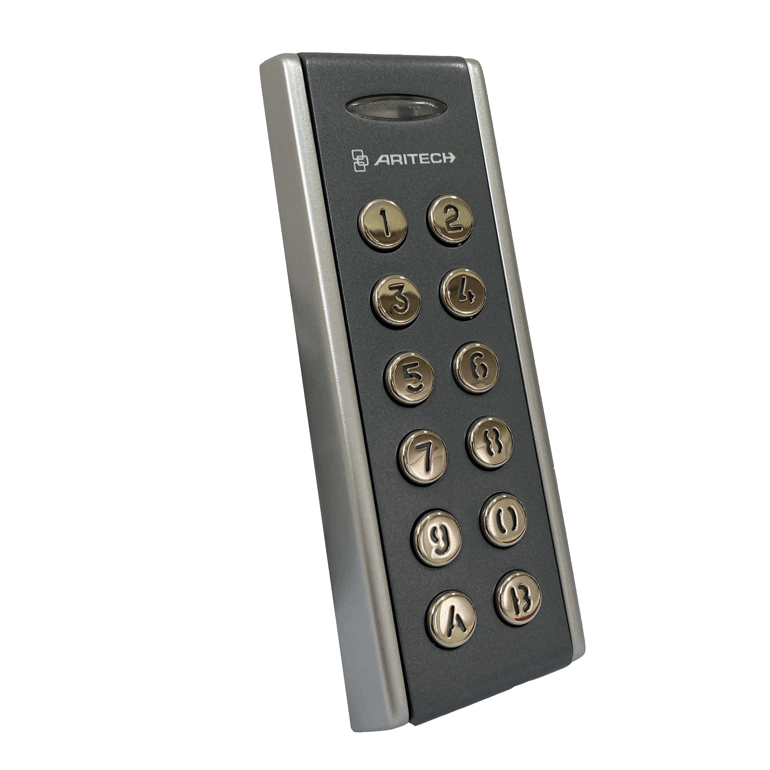 Ein schräges elektronisches Nummernfeld von ARITECH mit Tasten im Metall-Design, angeordnet in vier Reihen, mit Nummern von 1 bis 12.