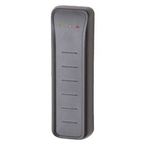 Ein schwarzer rechteckiger RFID-Eingabegerät mit drei LED-Leuchten in Rot, Gelb und Grün oben.