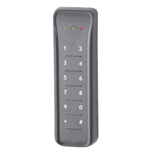 Ein schwarzes numerisches Türzugangs-Pad mit Tasten von 0 bis 9 sowie Stern und Raute, und drei LED-Anzeigen oben.