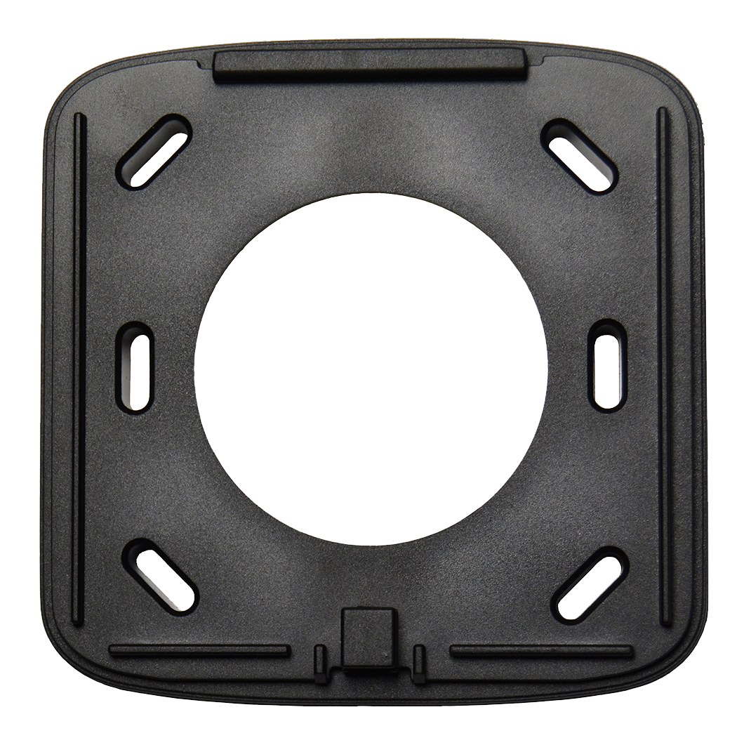 Schwarzer quadratischer Rahmen mit einem großen runden Ausschnitt in der Mitte und mehreren rechteckigen Befestigungsschlitzen.