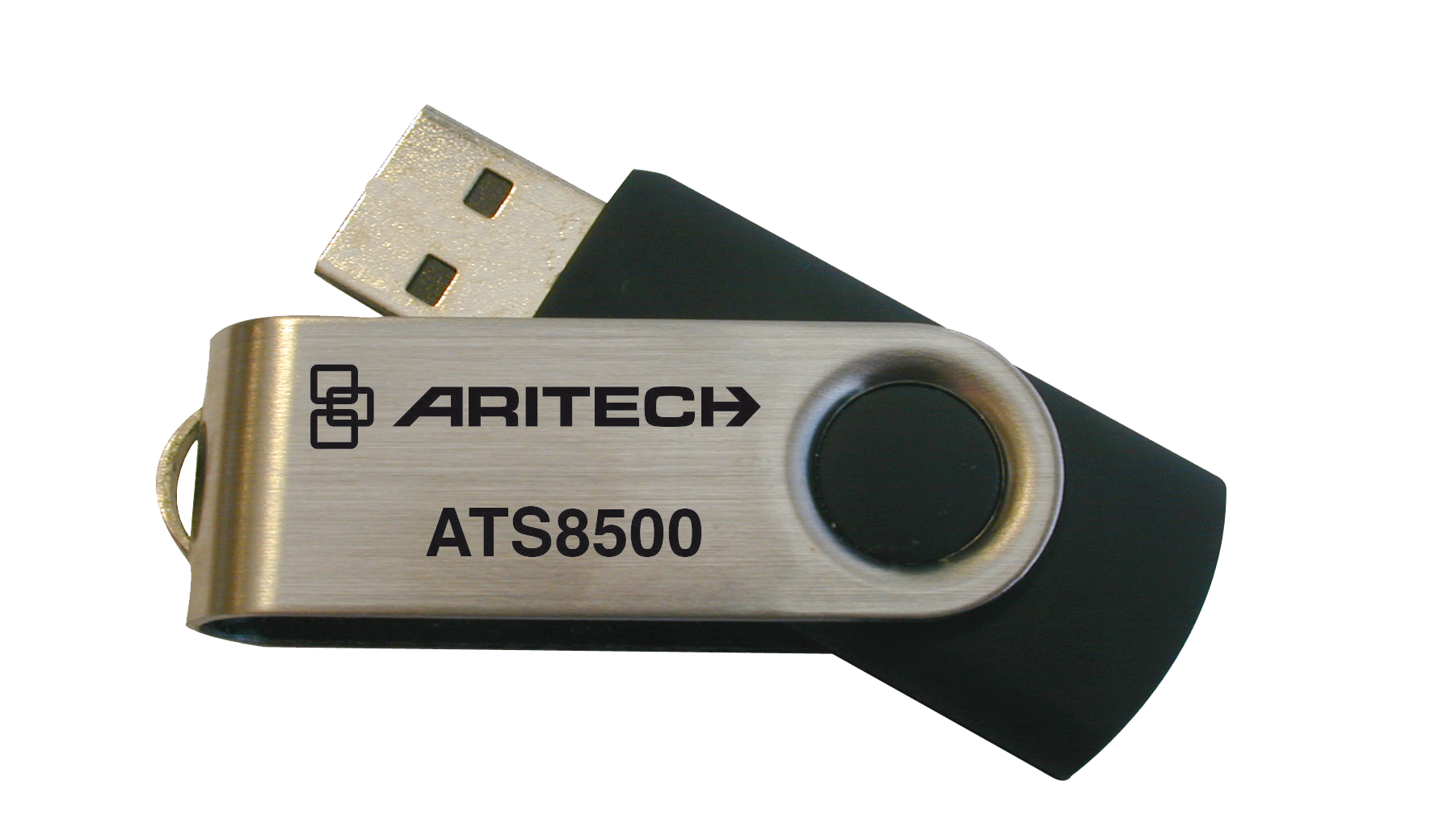 Ein USB-Stick mit der Aufschrift "ARITECH ATS8500" auf einem Metallelement mit Rotationsgelenk, das einen schwarzen Kunststoffkörper umschließt.