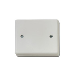 Weiße Kunststoffabdeckung mit zwei sichtbaren Schrauben, vermutlich für eine Steckdose oder einen Schalter.