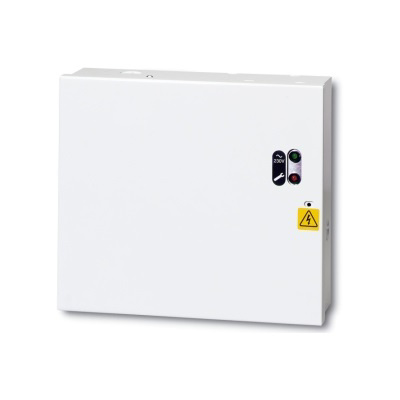 Weiße elektrische Box mit zwei kleinen Kontrollleuchten und einem Warnsymbol für elektrische Spannung auf der Vorderseite.