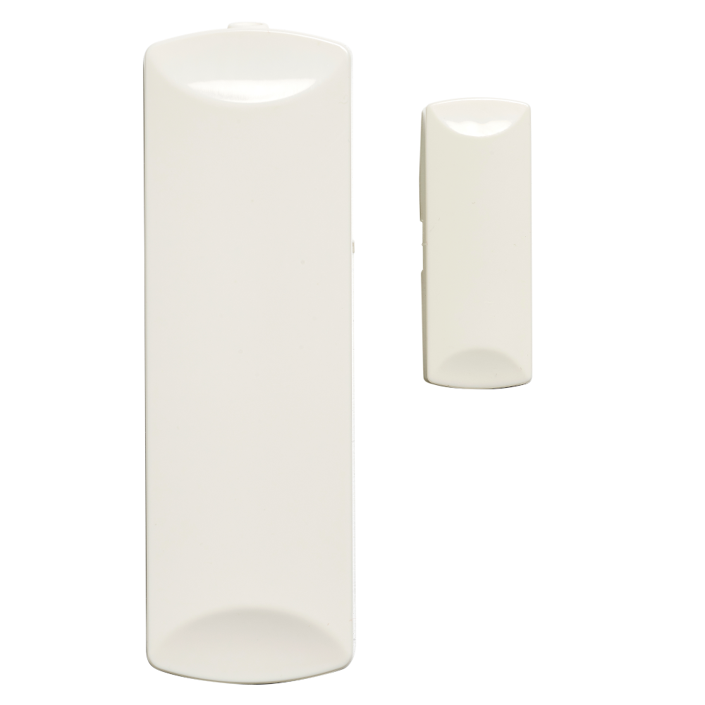 Zwei weiße magnetische Tür- oder Fensterkontakte in unterschiedlichen Größen, nebeneinander angeordnet.