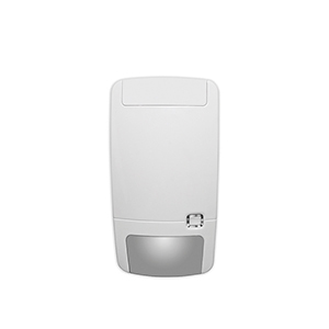 Ein weißer Bewegungssensor mit rechteckigem Gehäuse und abgerundeten Kanten, der für Sicherheitszwecke verwendet wird.