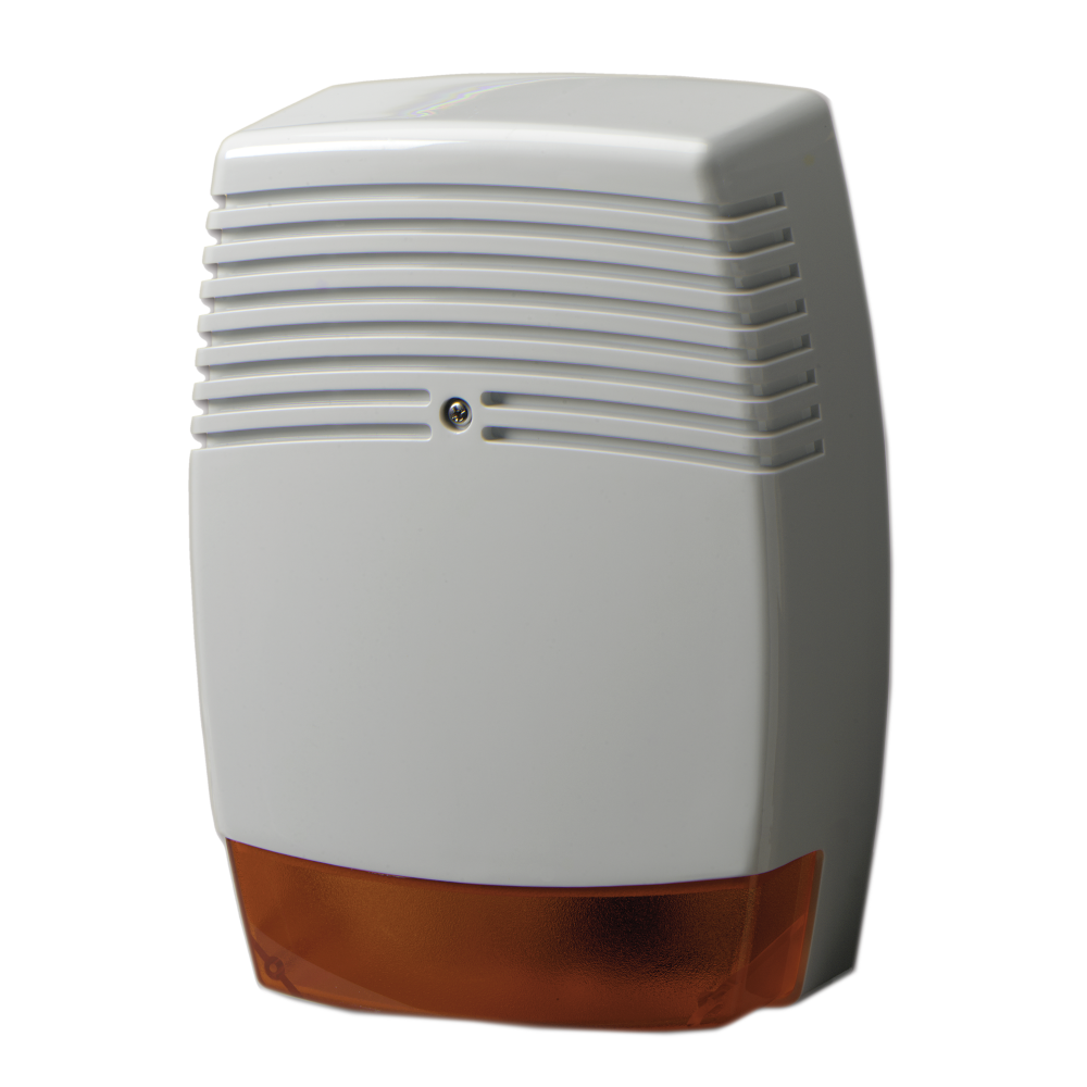 Ein weißes, rechteckiges gehäuseartiges Gerät mit Lüftungsschlitzen und einem orangen Lichtelement im unteren Bereich.