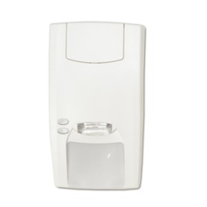 Ein weißer Bewegungsmelder mit rechteckiger Form, einem großen Sensorfeld im unteren Bereich und zwei kleineren Knöpfen links daneben.