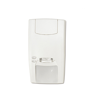 Ein weißer Bewegungsmelder mit einem rechteckigen Gehäuse und zwei hervorgehobenen Knöpfen auf der linken Seite.