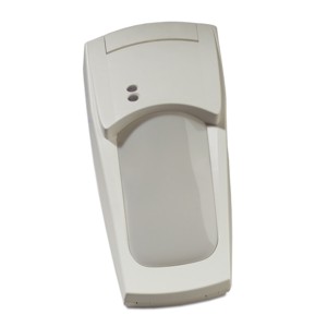 Ein weißer Bewegungsmelder mit abgerundeten Kanten und zwei kleinen Öffnungen oben.