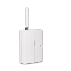 Weißes, rechteckiges elektronisches Gerät mit einer vertikal ausgerichteten Antenne an der Oberseite.