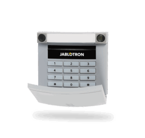 Ein Jablotron-Alarmanlagen-Bedienfeld mit einer numerischen Tastatur und einer aufklappbaren Abdeckung.