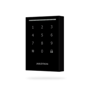 Ein schwarzes Sicherheits-Touchpad mit numerischer Tastatur und dem Schriftzug 'JABLOTRON' darunter.