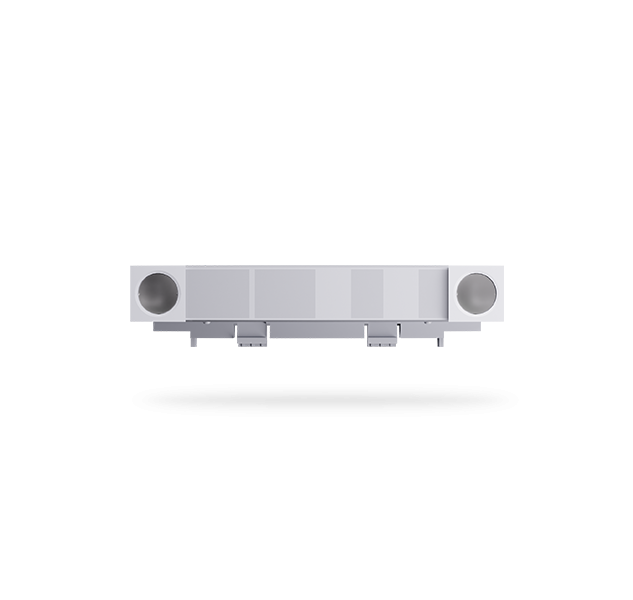 Ein rechteckiges, silberfarbenes Gerät mit zwei runden Lautsprechern an den Enden, das vermutlich ein Audio- oder Unterhaltungssystem darstellt.