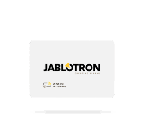 Weiße RFID-Karte mit dem schwarzen Logo von Jablotron, einem gelben Element und dem Slogan 'Creating Alarms'. Darunter sind die Frequenzen 'LF: 125 kHz' und 'HF: 13,56 MHz' angegeben.
