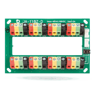 Elektronische Leiterplatte JA-110Z-D mit farbcodierten Anschlussklemmen, geeignet für Spannungen bis zu 48VAC/60VDC und einem Strom bis zu 2A.