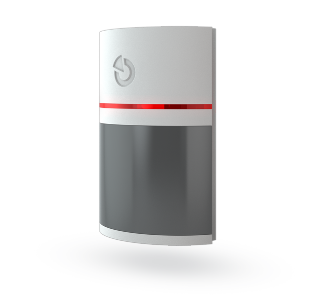 Ein modernes Alarmgehäuse mit einer Mischung aus weißen und grauen Flächen sowie einem roten Lichtstreifen, an der Wand montiert.