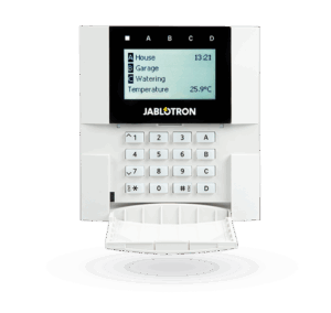 Ein digitales Steuerungsgerät von Jablotron mit Bildschirm und Tastenfeld, das Optionen wie "House", "Garage" und "Watering" anzeigt sowie die Temperatur von 25,9°C.