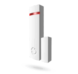 Ein weißer Magnetkontakt-Sensor mit rotem LED-Lichtbalken an der Oberseite und einem Symbol auf der Vorderseite.