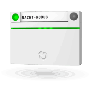 Ein helles Bedienfeld mit der Aufschrift 'Nacht-Modus', einem leuchtenden grünen LED-Kreis und einem grünen horizontalen LED-Streifen.