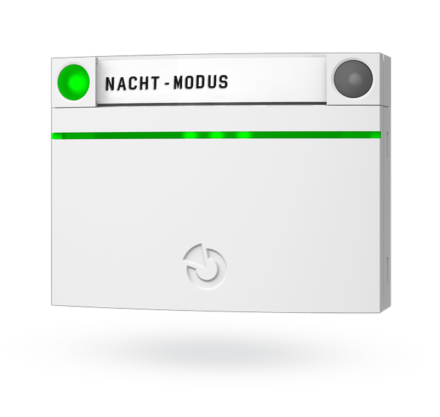 Ein helles Bedienfeld mit der Aufschrift 'Nacht-Modus', einem leuchtenden grünen LED-Kreis und einem grünen horizontalen LED-Streifen.