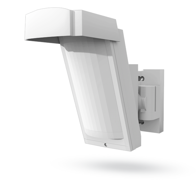 Wandmontierter weißer Bewegungsmelder mit modernem, kantigem Design und gewölbtem Sensor.