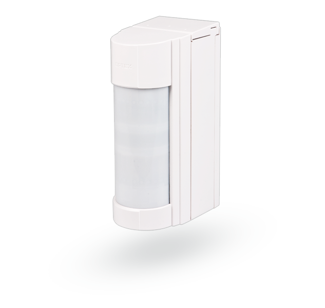 Ein weißer, zylindrischer Bewegungsmelder mit vertikalen Streifen und einem rechteckigen Gehäuse.
