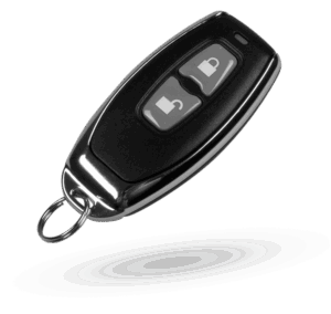 Ein schwarzer Autoschlüssel mit zwei deutlich sichtbaren Tasten zum Öffnen und Schließen des Fahrzeugs.