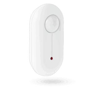 Weißer Bewegungsmelder mit Infrarotsensor und roter Status-LED.