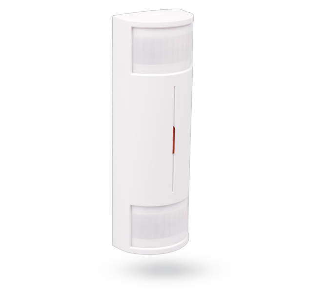 Ein weißer Bewegungsmelder mit zwei abgerundeten Sensorbereichen oben und unten sowie einem schmalen roten Streifen in der Mitte.