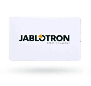 Eine weiße Karte mit dem Jablotron-Logo und dem Slogan "Creating Alarms" darunter.