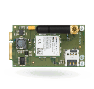 Ein GSM-Modem mit einer Antenne und einem SIM-Karten-Slot auf einer grünen Leiterplatte, beschriftet mit 'QUECTEL M95'.