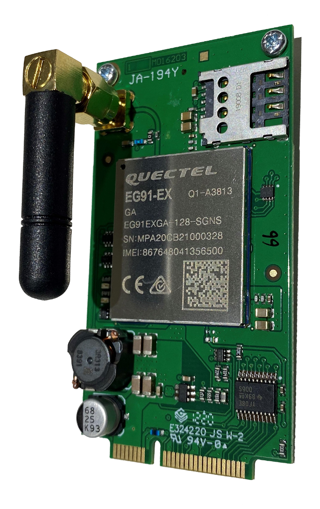 Grüne Schaltkreisplatine mit einem schwarzen Antennenanschluss, Quectel EG91-EX Modul und verschiedenen elektronischen Komponenten.