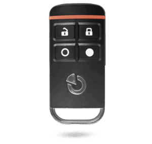 Ein schwarzer Schlüsselanhänger für ein Auto mit vier quadratischen Tasten und einem roten Streifen oben, darunter Symbole für Entsperren, Sperren, Kamera und Stummschalten.