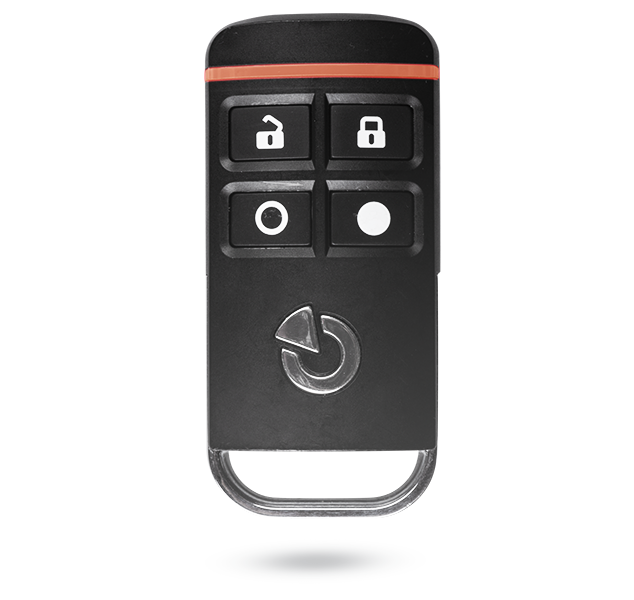 Ein schwarzer Schlüsselanhänger für ein Auto mit vier quadratischen Tasten und einem roten Streifen oben, darunter Symbole für Entsperren, Sperren, Kamera und Stummschalten.