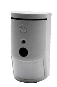Ein weißer Bewegungsmelder mit einem zylindrischen Gehäuse, das ein kreisförmiges Symbol, eine kleine Kameraöffnung und einen Sensor enthält.