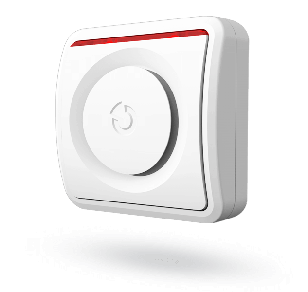Weißer, quadratischer Lichtschalter mit einer runden Drehknopffunktion in der Mitte und einer schmalen roten Leuchte an der Oberkante, auf einem leichten Schattenwurf.