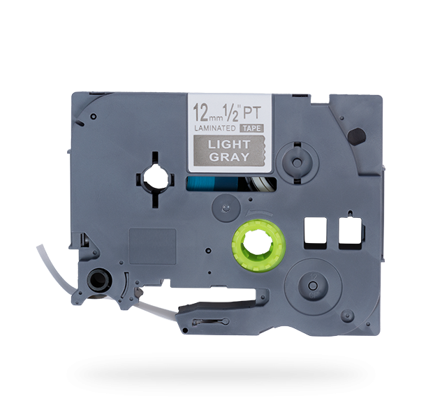 Graue Kassettenkartusche mit der Aufschrift '12mm 1/2" PT Laminated Tape Light Gray', die für Etikettendrucker verwendet wird.